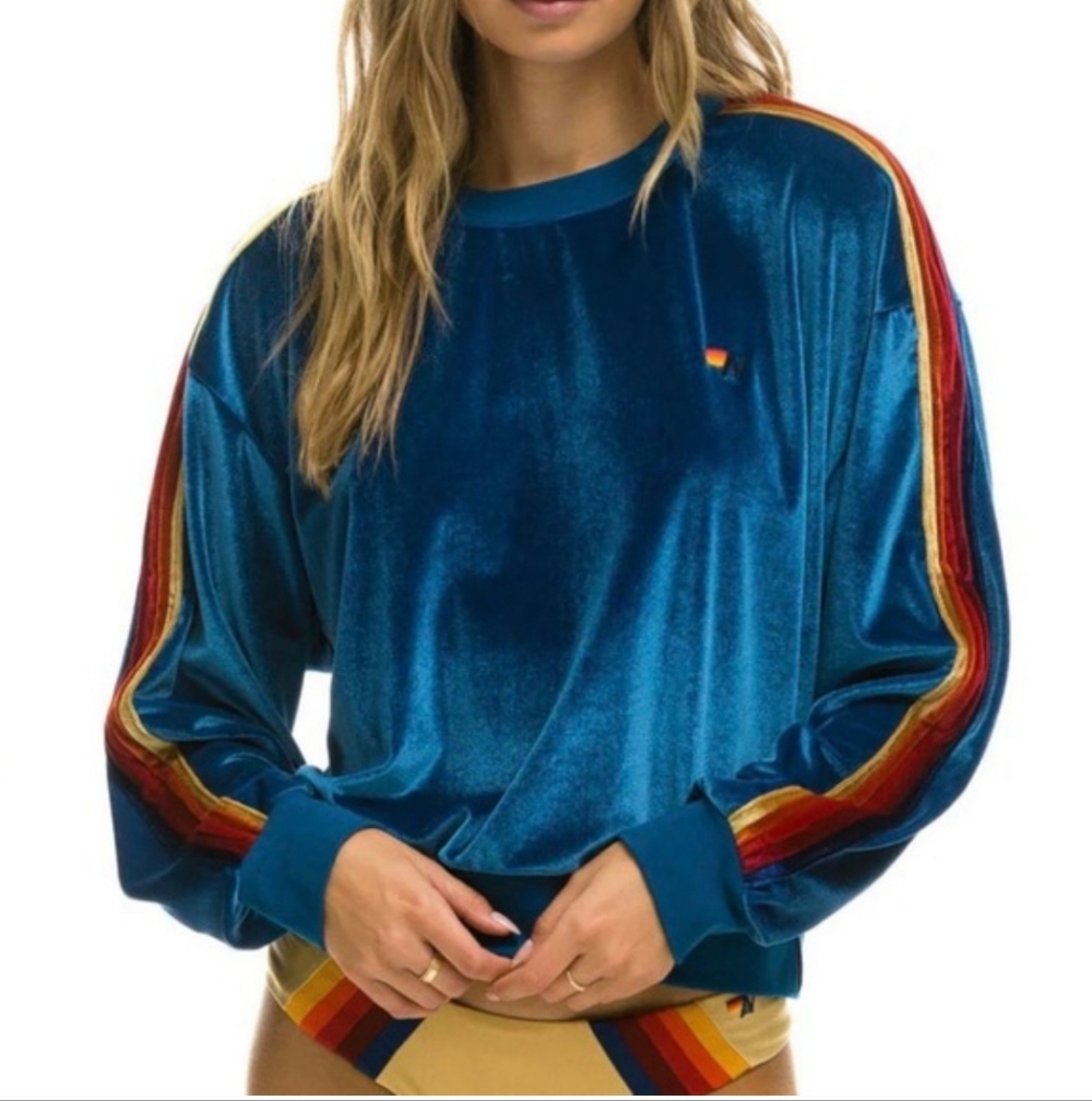 Aviator Nation Navy Velour Rainbow Stripe Raglan Sweatshirt‎ Womens Small USA